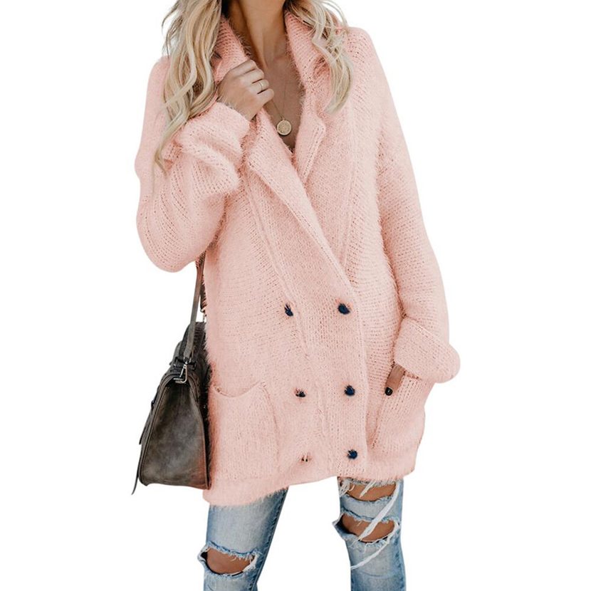 Womens Double Breasted Long Cardigan Sweater Thickened Long Sleeve Mid Length Winter Fashion Out