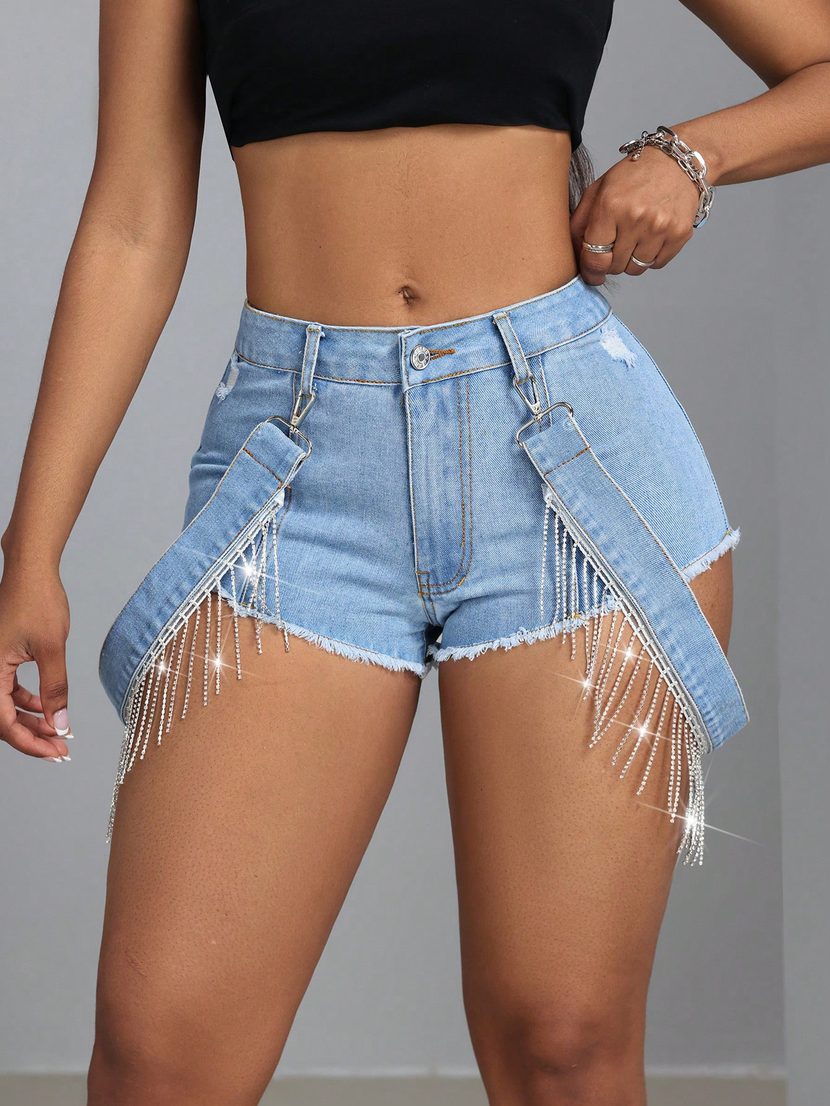Fringe Hem Denim Shorts Slim Fit Tie Detail Casual Style Perfect for Summer Outings Wholesale Av