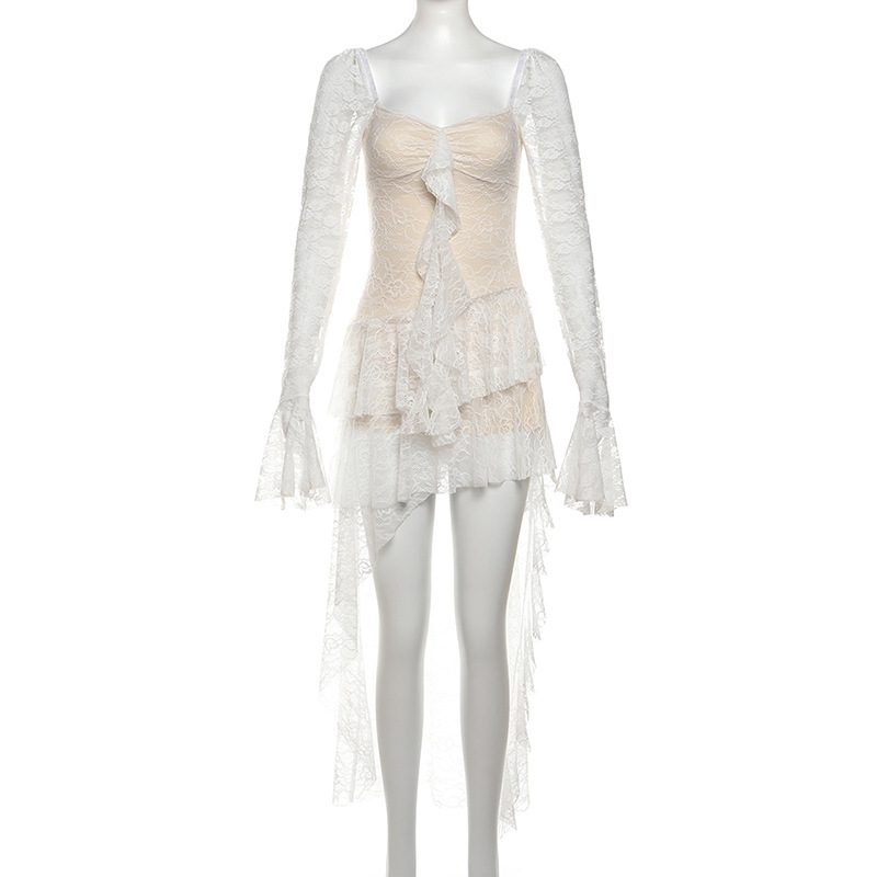Womens Irregular Lace Trimmed Mini Dress Sexy Design Flared Sleeves Adjustable Ties Winter Fashi
