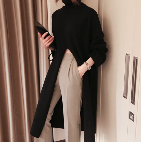 High Neck Long Sweater Dress High Waist Split Design Fashionable Style Autumn Wear for Women Who
