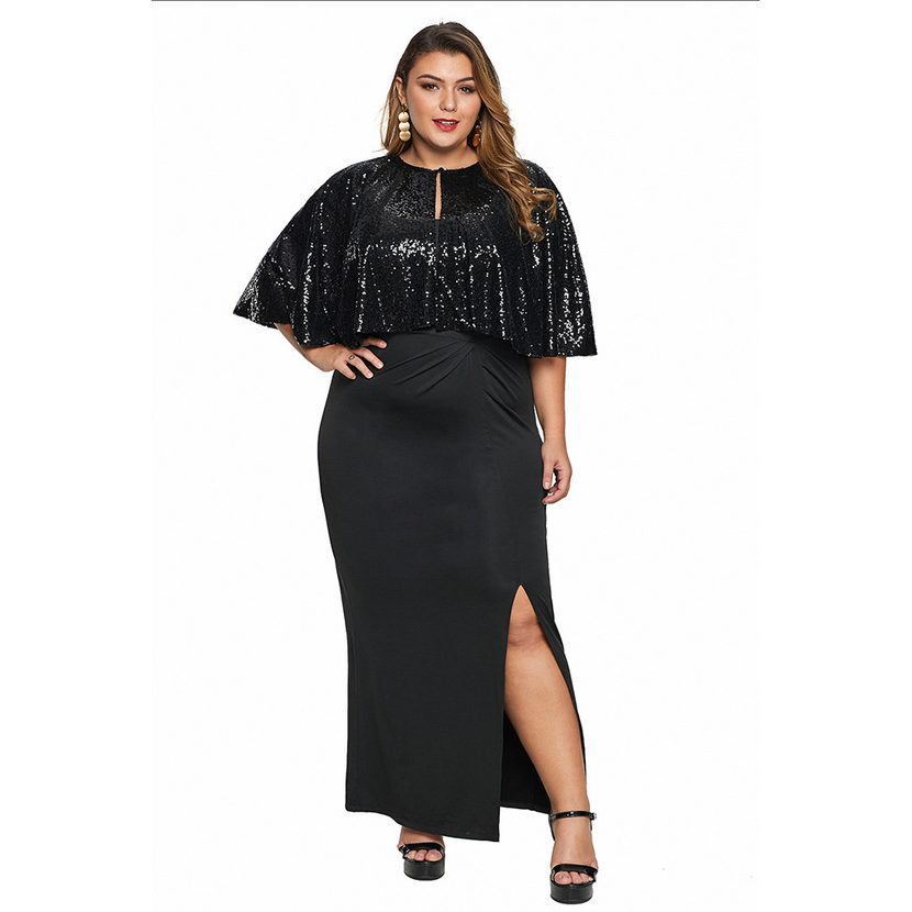 Plus Size Sequin Cape Dress Set for Women Long Sleeve Open Slit Elegant Evening Wear