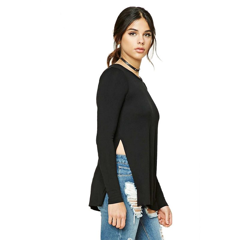 Womens Long Sleeve T Shirt Slim Fit Solid Color Side Slit Design Perfect for Early Spring Casual