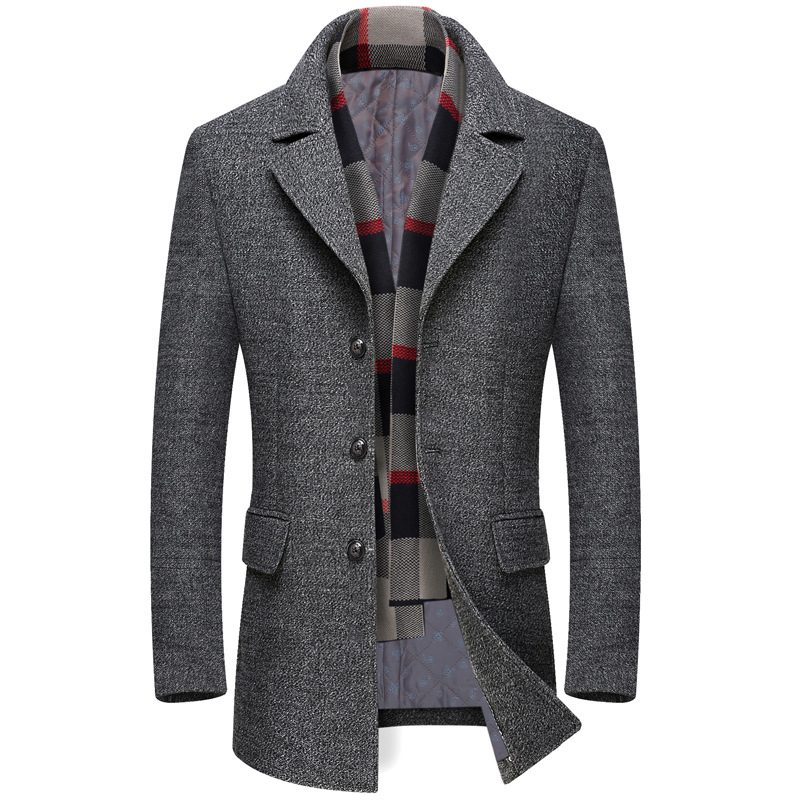 Mens Mid Length Wool Blend Overcoat Thickened Lapel Warm Fabric Stylish Design Perfect for Winte
