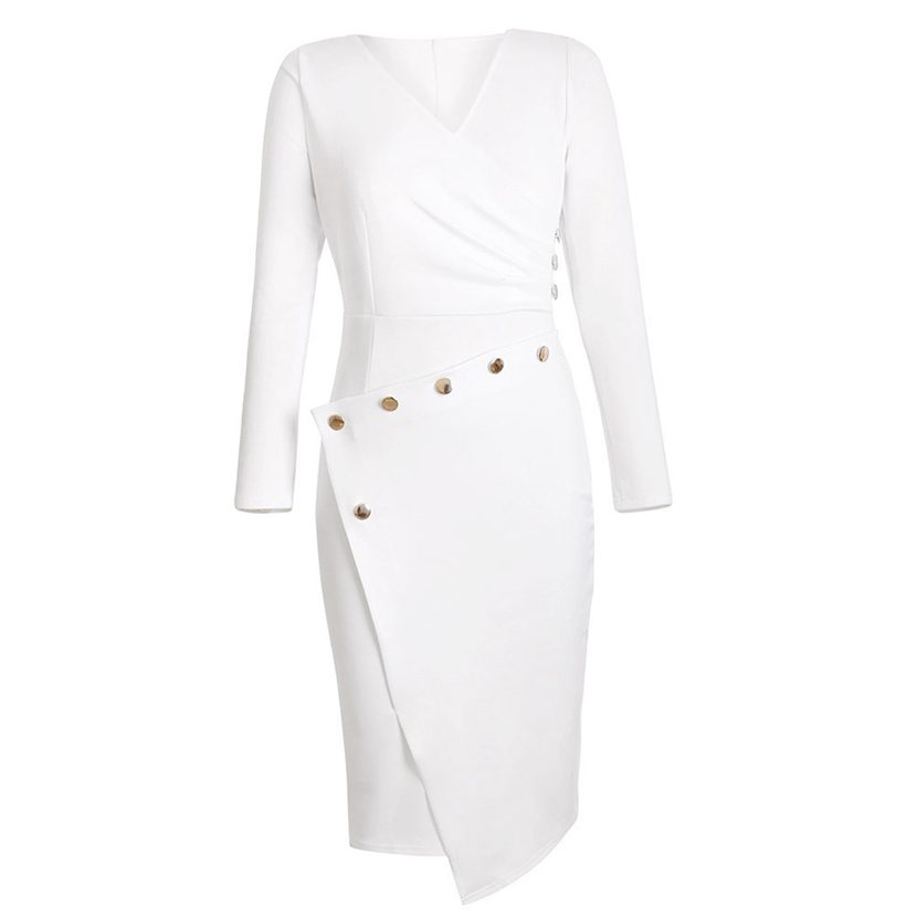 Womens Mid Length Asymmetrical Dress V Neck Long Sleeve Trendy Design Perfect for Casual or Form