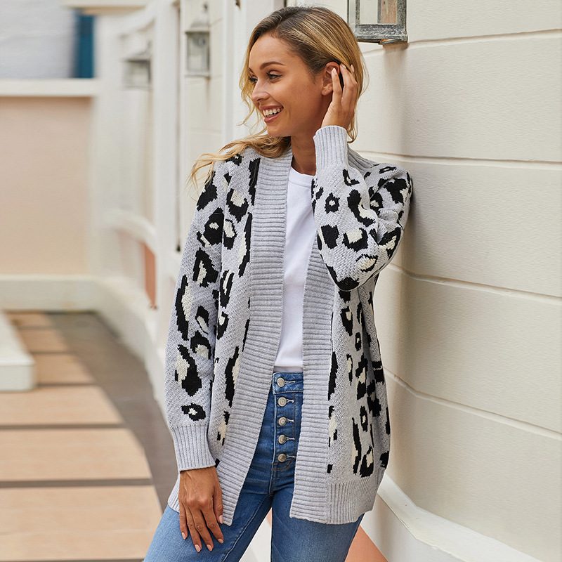 Womens Long Cardigan Sweater Winter Loose Fit Leopard Print Knitted Fabric Casual Wear Wholesale