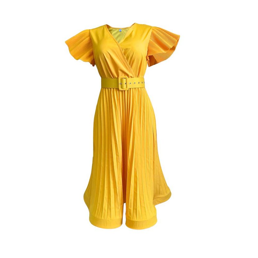 V Neck Pleated Dress Ruffled Sleeves Belt Included Elegant Design Perfect for Parties and Events