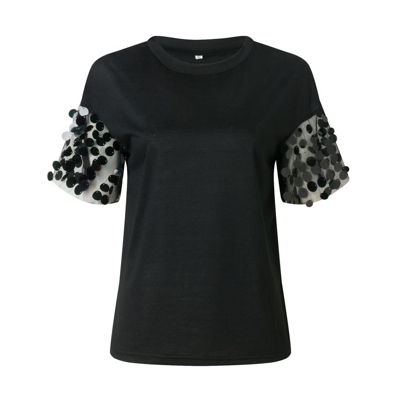 Sequin Patchwork Round Neck Short Sleeve T Shirt Womens Fashion Top Casual Wear Wholesale Availa
