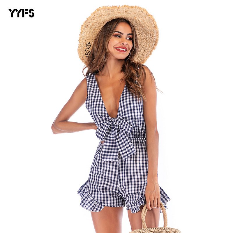 V Neck Bow Tie Ruffle Wide Leg Shorts Sleeveless Backless Jumpsuit Summer Fashion for Women Whol