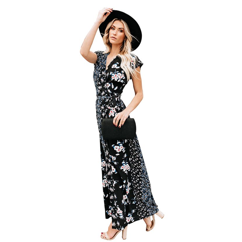High Waist Floral Maxi Dress for Women Short Sleeve Round Neck Summer Casual Wear