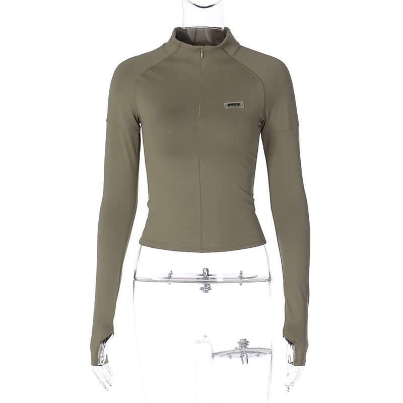 Slim Fit Half Turtleneck Long Sleeve Top Zipper Closure Lightweight Fabric Trendy Style Perfect