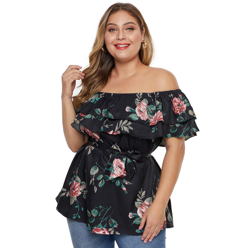 Off Shoulder Ruffle Sleeve T Shirt for Women Plus Size Floral Print Casual Summer Wear
