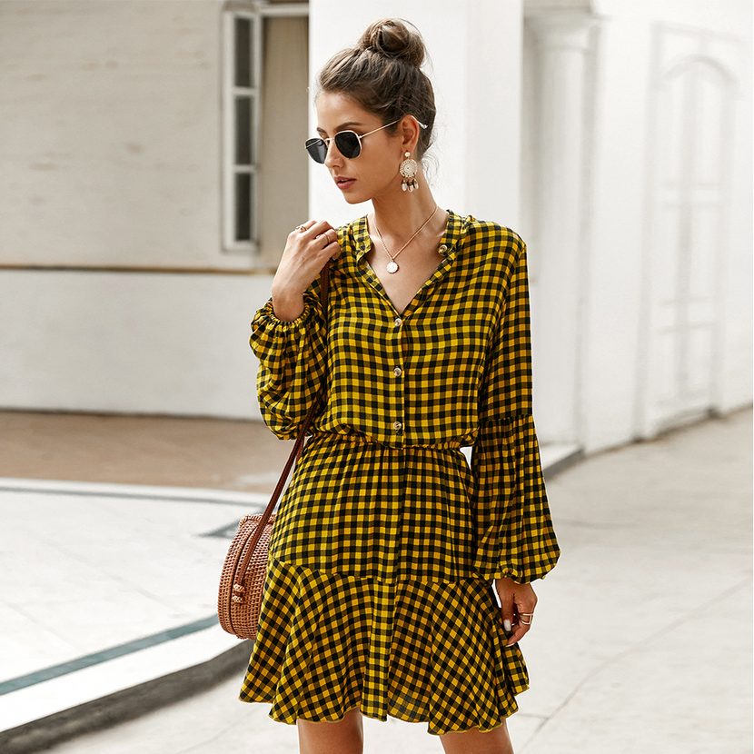 Checked Pattern Long Sleeve Dress for Women Elegant Fit Spring Summer Office Wear