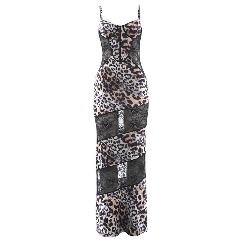 Fashionable Womens Spring Dress Leopard Print Lace Panel Sheer Design Perfect for Parties and Ni