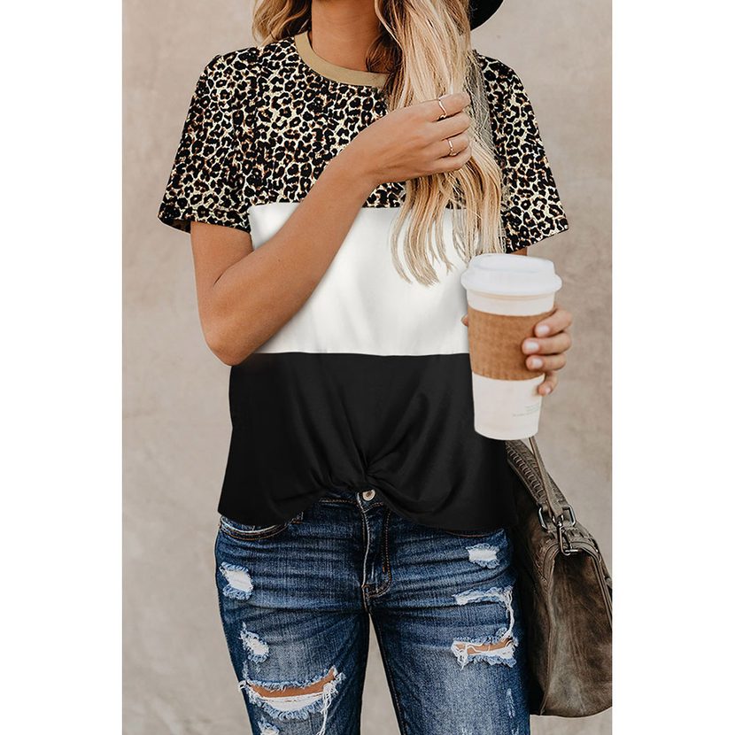 Womens Short Sleeve T Shirt Leopard Print Color Block Casual Fit Round Neck Lightweight Fabric