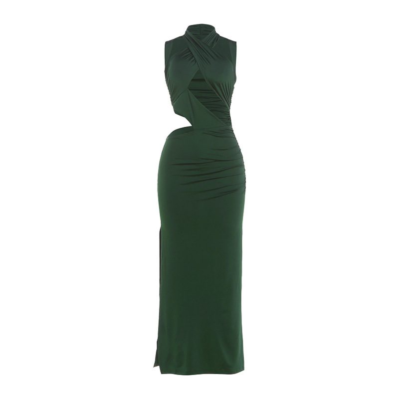 Cross Back Halter Bodycon Dress Hollow Out Spliced Design Slim Fit Elegant Style Perfect for Aut
