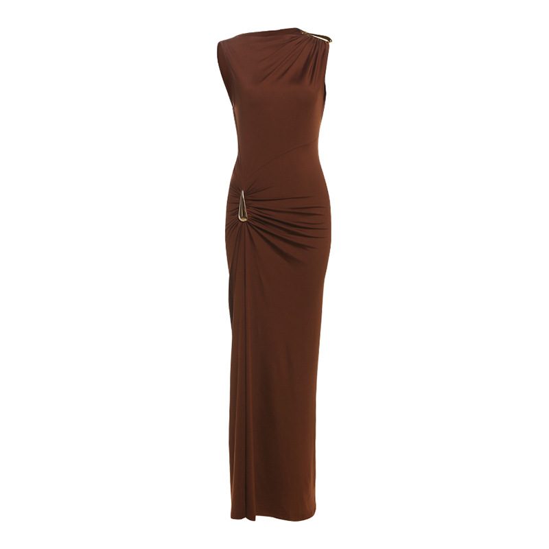 Sleeveless Bodycon Dress Solid Color Metallic Accents Sexy Split Design Autumn Fashion for Women