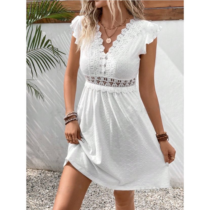 Knit Jacquard Hollow Out Dress Elastic Sheer Lace Butterfly Sleeves Spring Summer Fashion Wholes