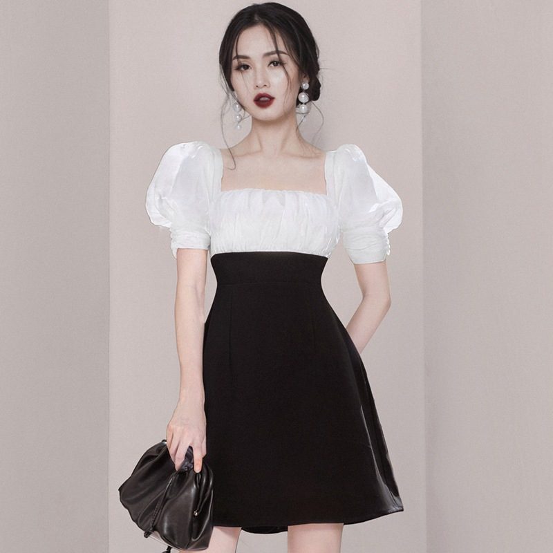 Square Neck Puff Sleeve Dress Slim Fit Lightweight Fabric Summer Casual Wear fast shipping