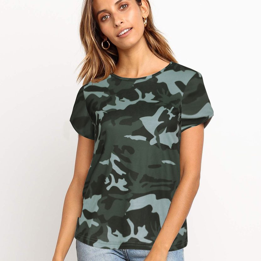 Womens Casual Camouflage T Shirt Loose Fit Round Neck Short Sleeve Spring Summer Fashion Wholesa