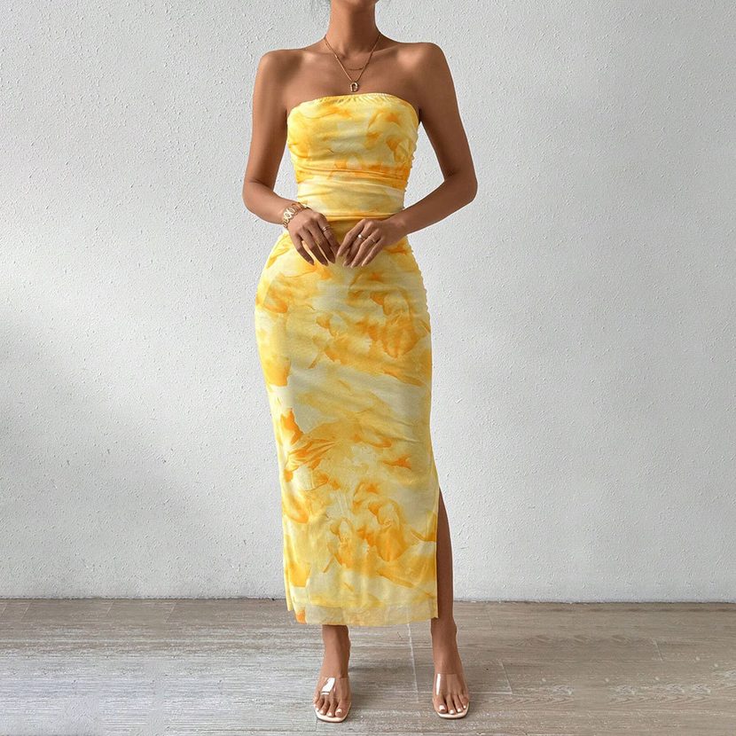 Floral Print Mesh Dress High Waist Bodycon Fit Slit Design Spring Summer Fashion Wholesale Avail