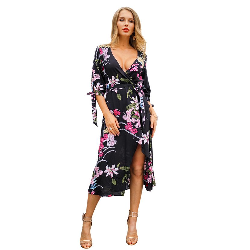 Floral Print V Neck Midi Dress Short Sleeve Spring Summer Style Perfect for Casual Outings Whole