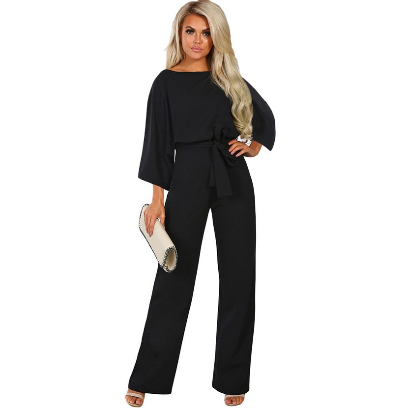 Womens Solid Color Loose Jumpsuit High Waist Tie Belt Three Quarter Sleeve Wide Leg Autumn Fashi