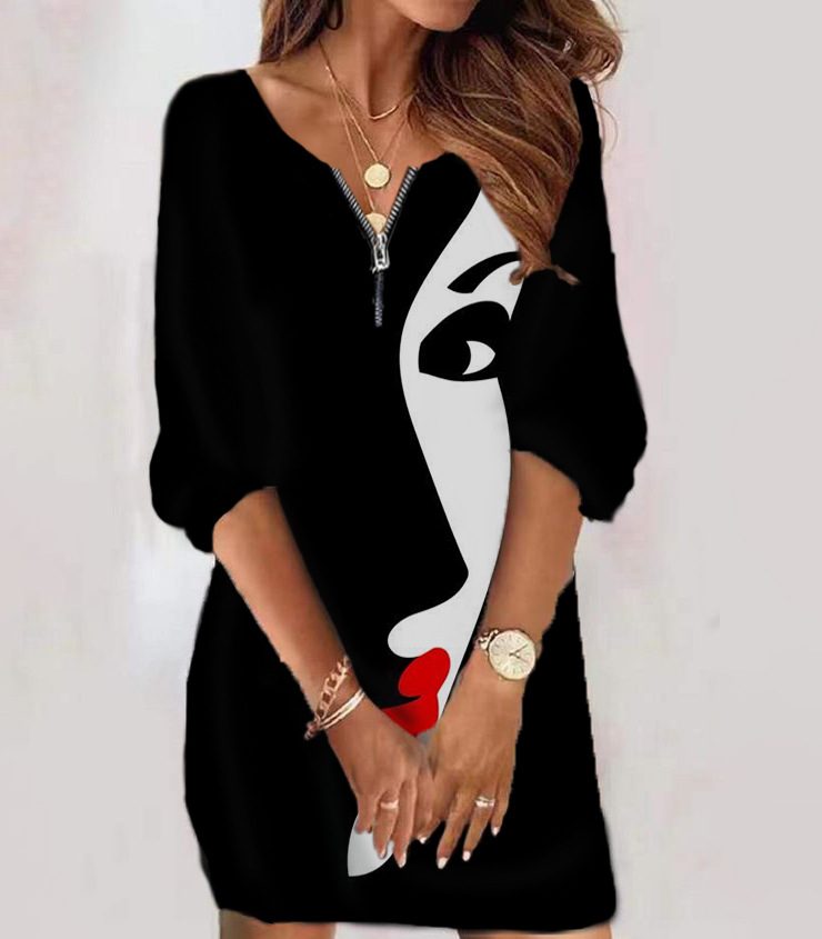 Long Sleeve Zipper Dress Round Neck 3D Digital Print Spring Autumn Fashion