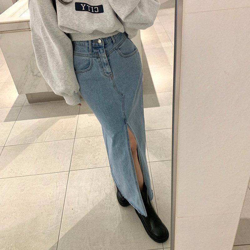 High Waisted Denim Skirt Sexy Front Slit Street Style Versatile Fashion Spring Collection Wholesale Available