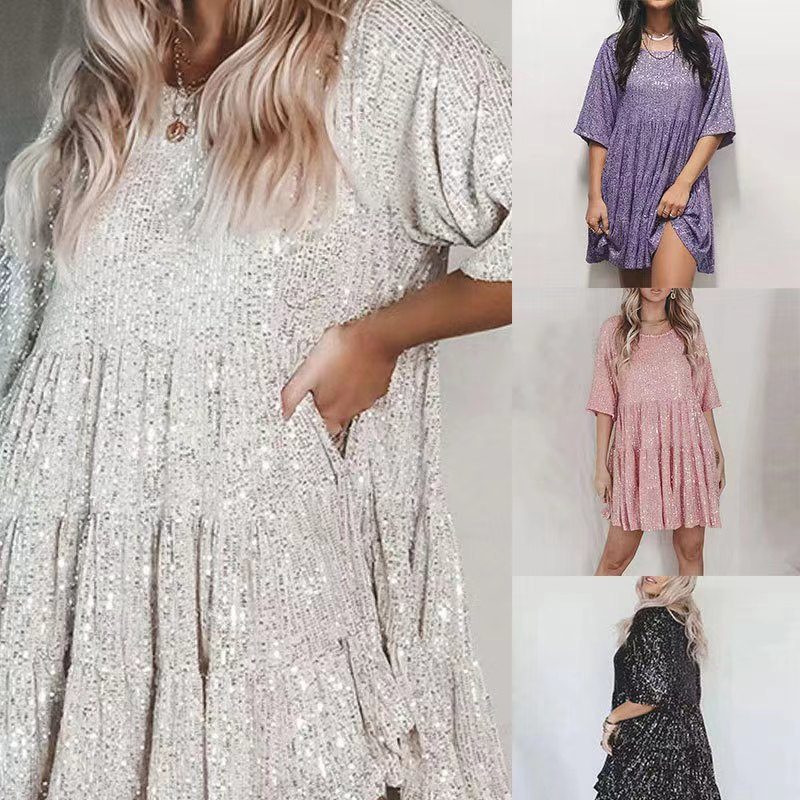 Sequin A Line Dress Round Neck Short Sleeve Loose Fit Evening Party Wear ready to ship
