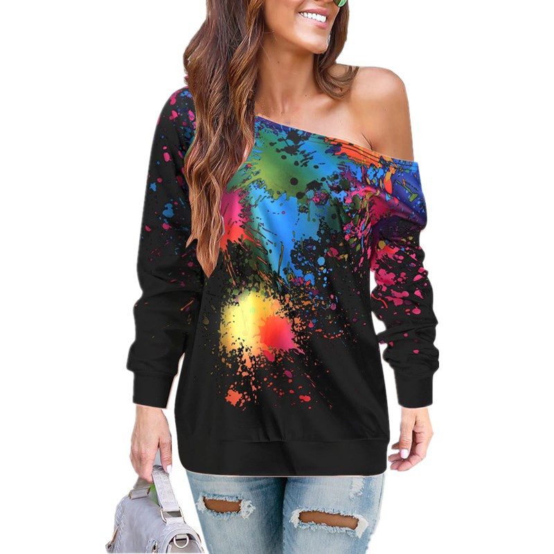 Asymmetrical Shoulder Graphic Print T Shirt for Women Casual Autumn Winter Style Available in Multiple Sizes Wholesale