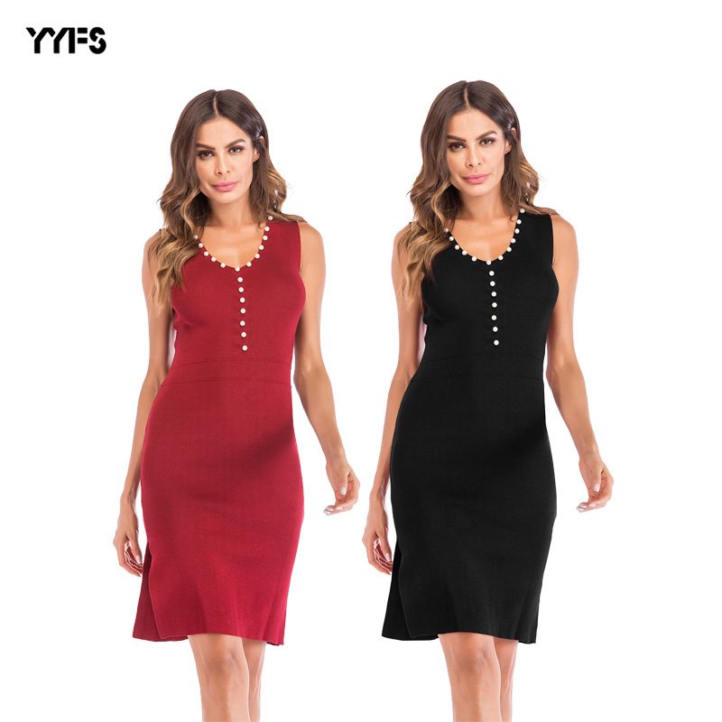 Womens Sleeveless V Neck Bodycon Dress Solid Color Beaded Detail Fashionable Knit Fabric Perfect