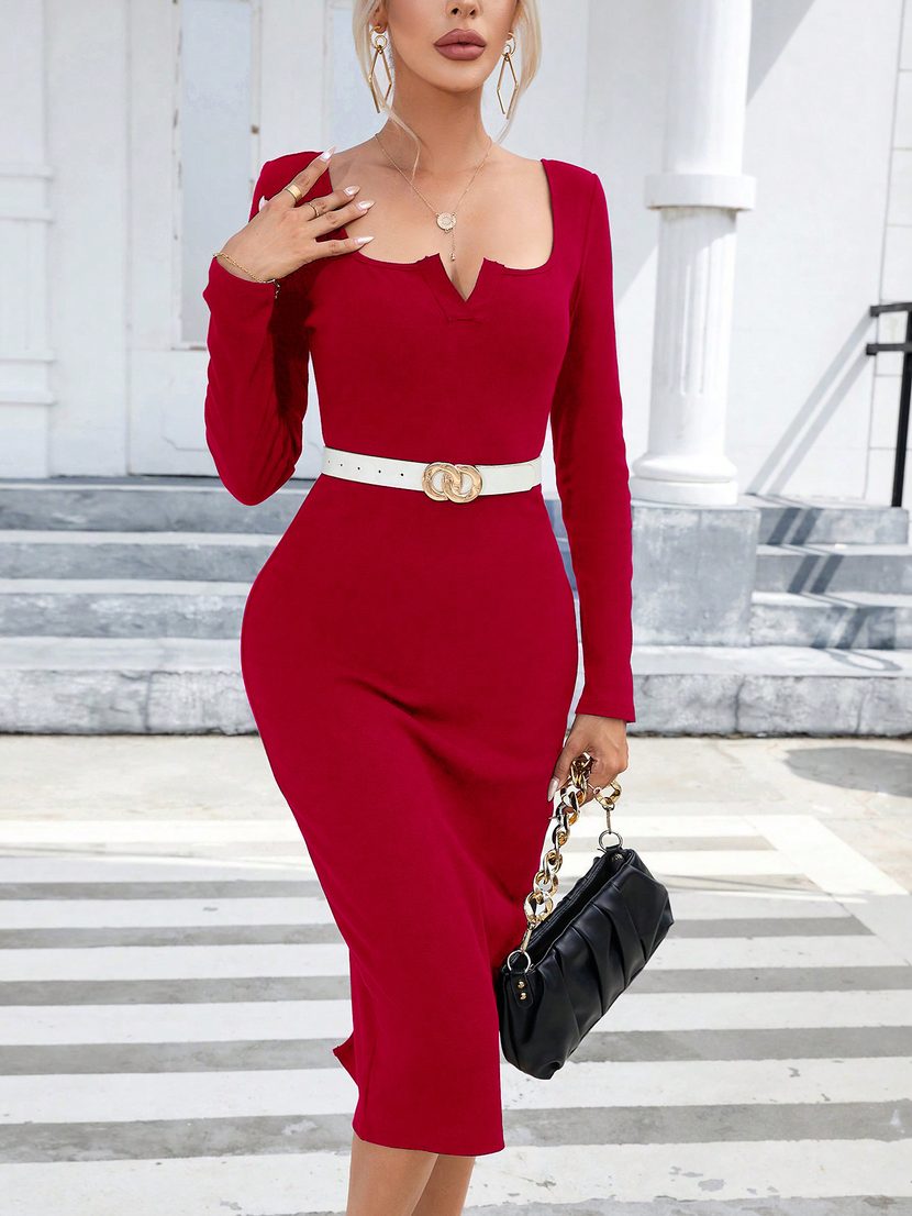 Elegant Long Sleeve Bodycon Dress Square Neck Side Slit Figure Flattering Perfect for Parties an