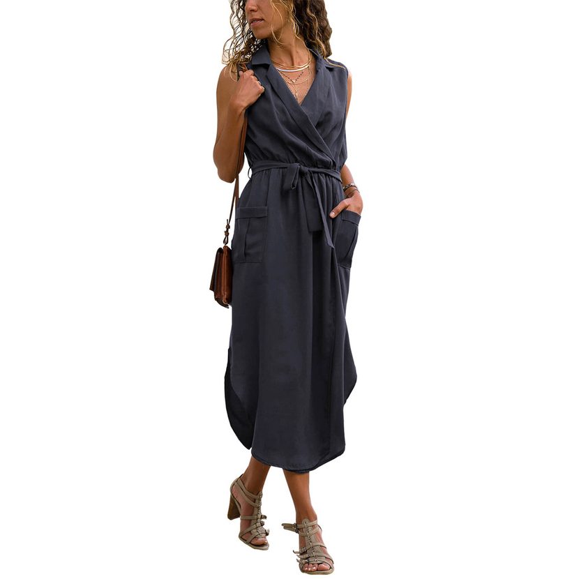 Summer Womens Dress Solid Color Sleeveless High Waist Tie Belt Midi Length Casual Wear Wholesale