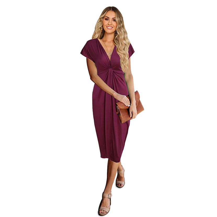 Summer Womens A Line Dress V Neck Short Sleeve Mid Length Casual Wear factory direct