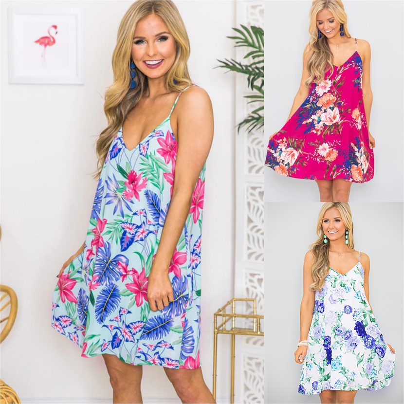 Womens Floral Print Beach Dress Sexy Spaghetti Strap Lightweight Fabric Summer Style Wholesale A