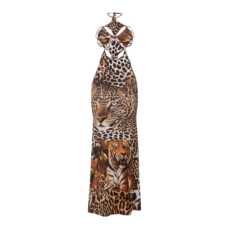 Fashionable Tiger Print Bodycon Dress Lace Up Open Back Split Hem Perfect for Autumn and Winter