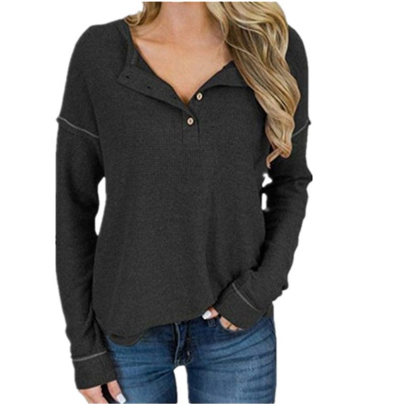 Waffle Knit Long Sleeve T Shirt for Women V Neck Button Design Casual Wear