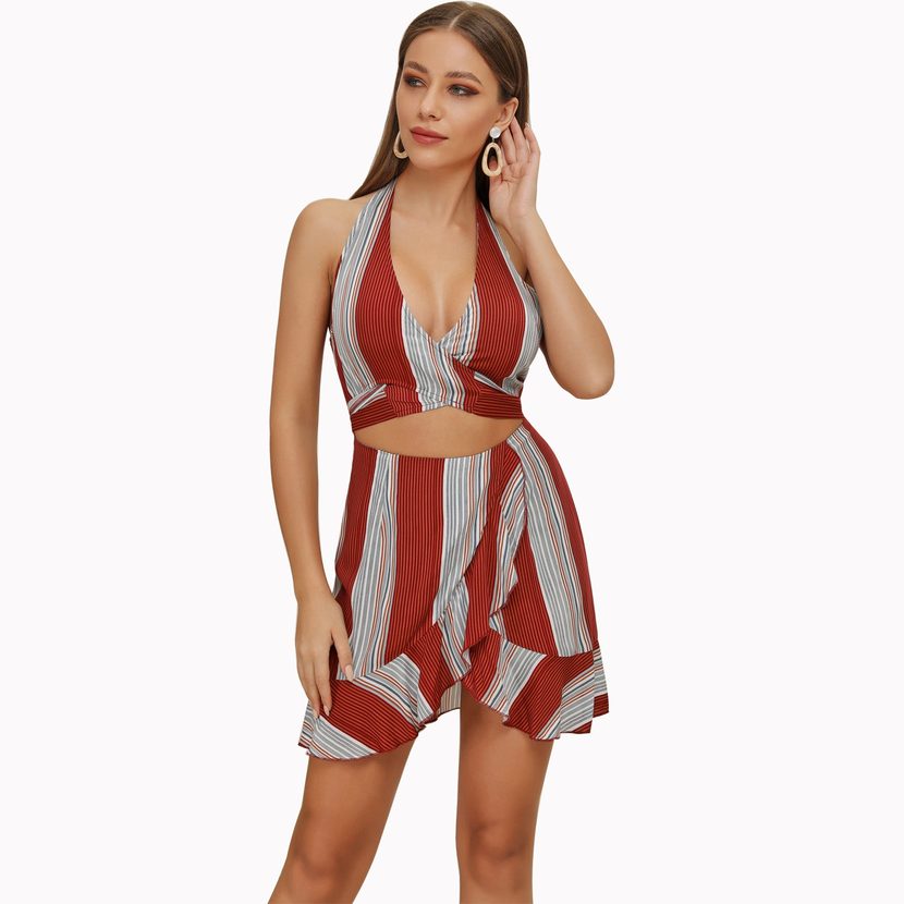 Striped Ruffle Hem Halter Neck Dress Irregular Design Lightweight Fabric Summer Wear Wholesale A