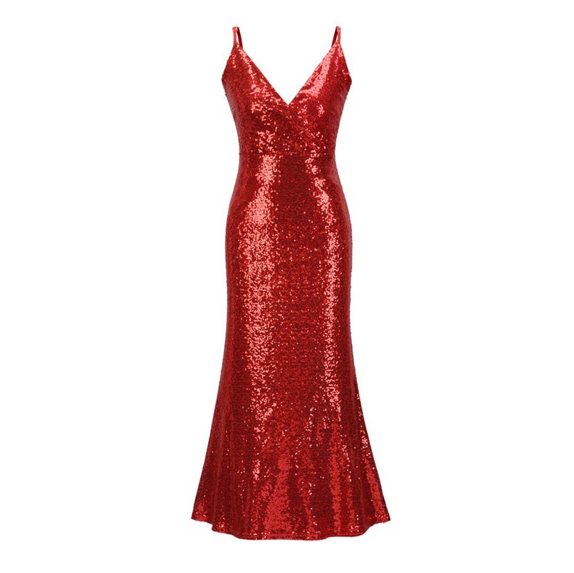 Womens Sequin Maxi Dress Sleeveless Spaghetti Strap Solid Color Elegant Evening Wear
