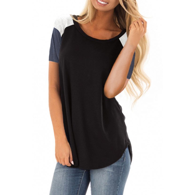 Womens Color Block T Shirt Short Sleeve Loose Fit Crew Neck Casual Everyday Wear