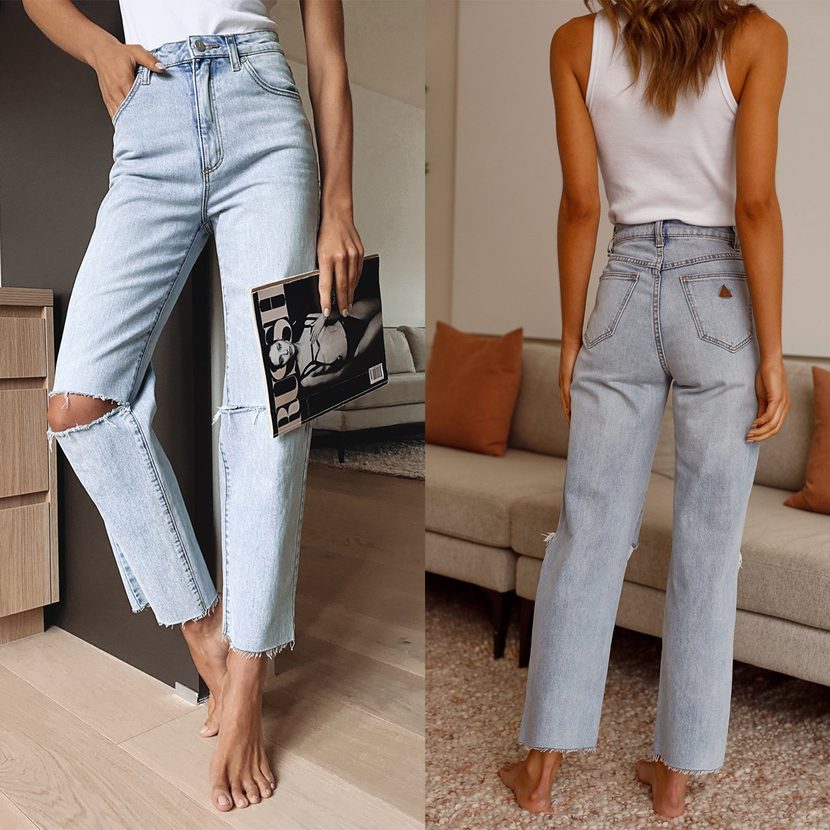 High Waisted Ripped Straight Leg Jeans Light Color Casual Style Suitable for Autumn and Winter Wholesale Availab