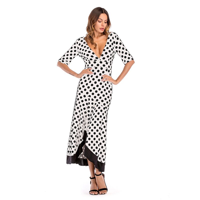 Polka Dot Deep V Midi Dress Slim Fit Elegant Style Perfect for Spring Wholesale Available factor