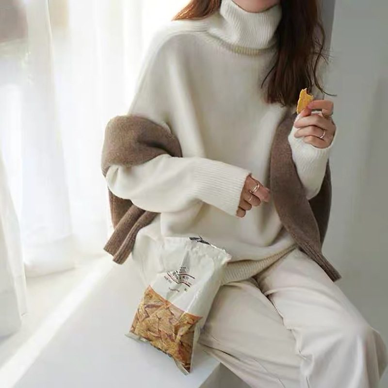 High Neck Womens Sweater Premium Quality Simple Design Solid Color Early Autumn Knitwear Wholesa