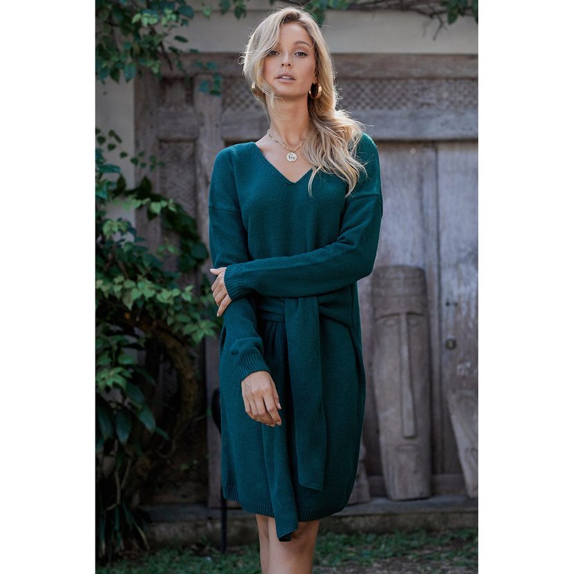V Neck Long Sleeve Knit Sweater Dress Solid Color Mid Length Cozy Fabric Fall Winter Fashion Who