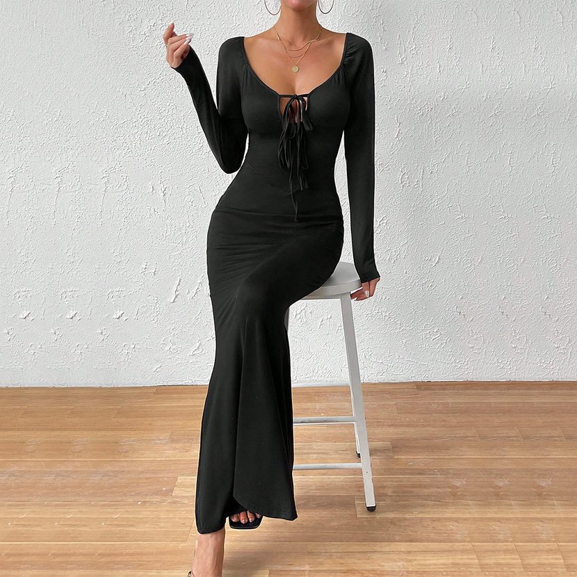 Elegant Long Sleeve Bodycon Dress Deep U Neck Front Tie Slim Fit Chic Style Perfect for Evening