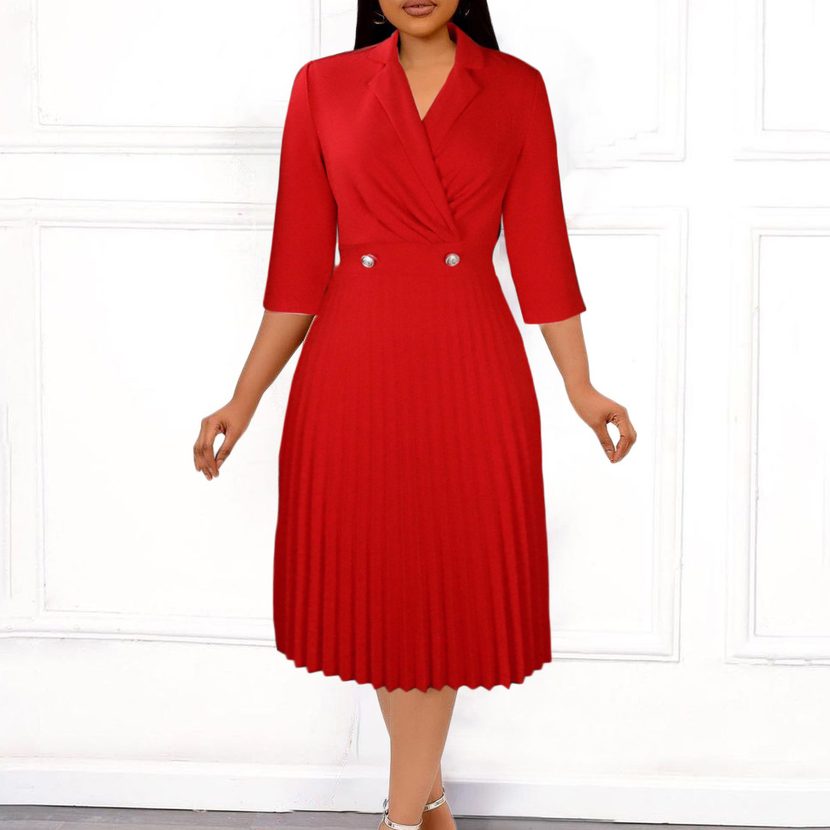 Elegant Womens Dress Solid Color Pleated Design Suit Collar Autumn Fashion for Business or Casua
