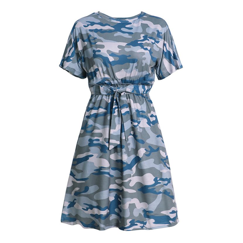 Camouflage T Shirt Dress Short Sleeve Elastic Waist Drawstring Casual Style Perfect for Summer W