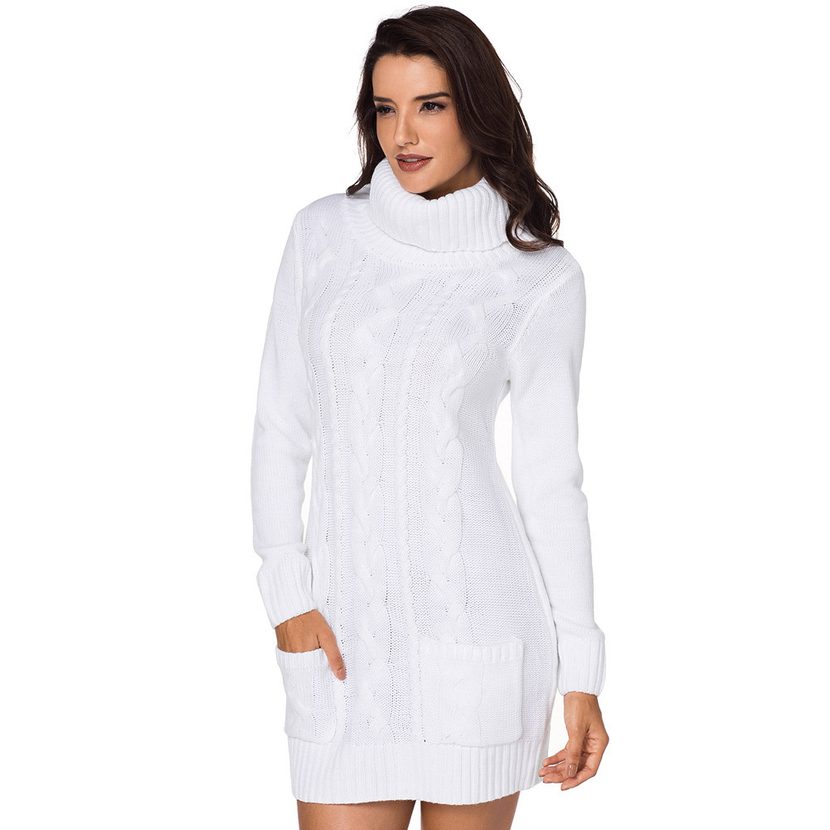 Long Sleeve Turtleneck Sweater Solid Color Ribbed Knit Mid Length Autumn Winter Womens Fashion W