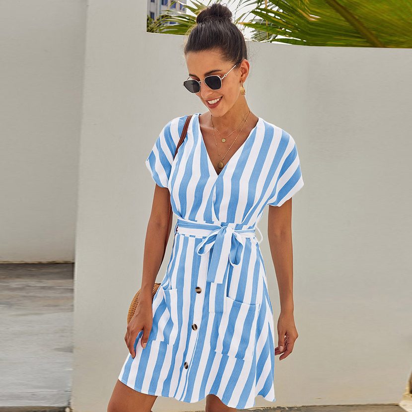 Striped Shirt Dress for Women Summer V Neck Button Down Loose Fit with Waist Tie Casual Wear