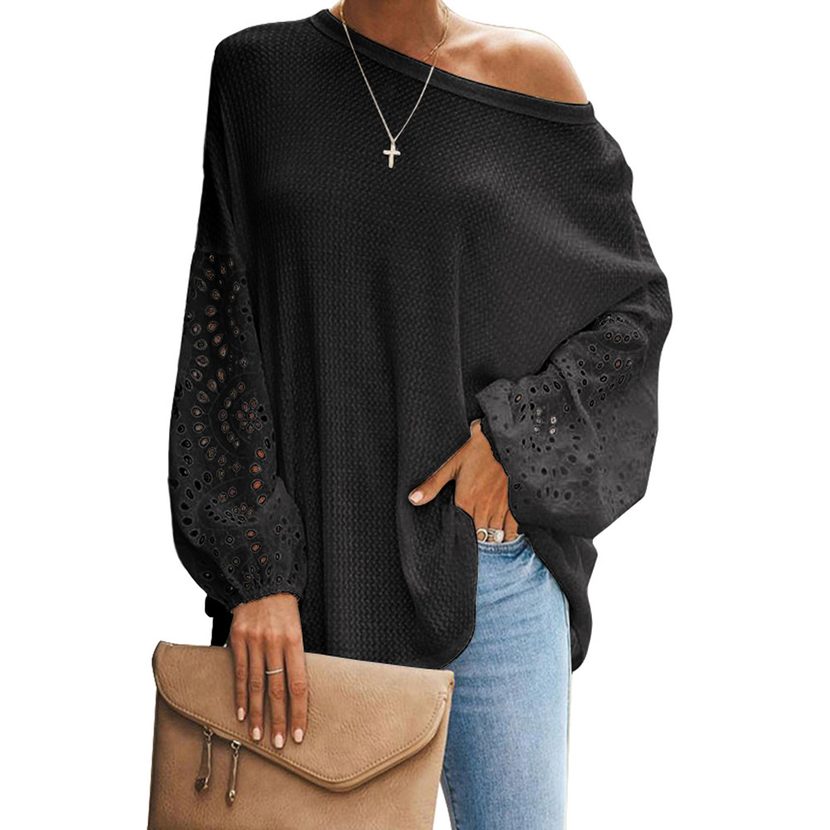 Womens Loose Fit Hollow Out Long Sleeve Top Solid Color Off Shoulder Asymmetrical Neckline Sprin